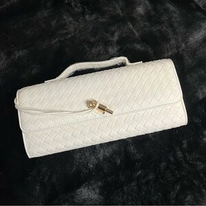 Few Moda East West Woven Clutch w/Crossbody Strap + Handle Cream Vegan Leather